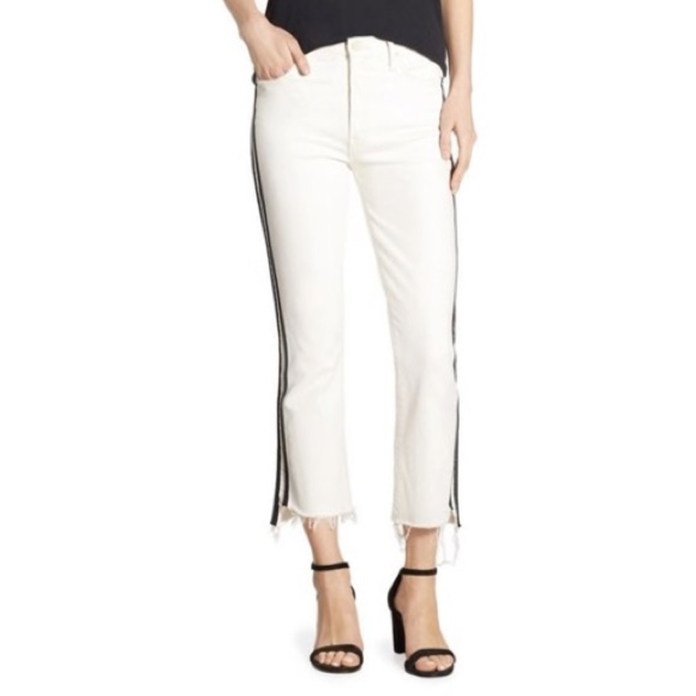 White mother jeans with black stripe